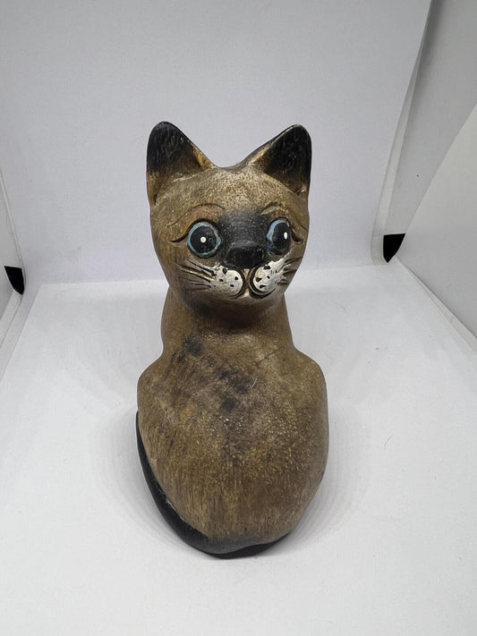 Vintage hand carved wooden cat figurine. Naive Folk art hand painted quirky kitten.
