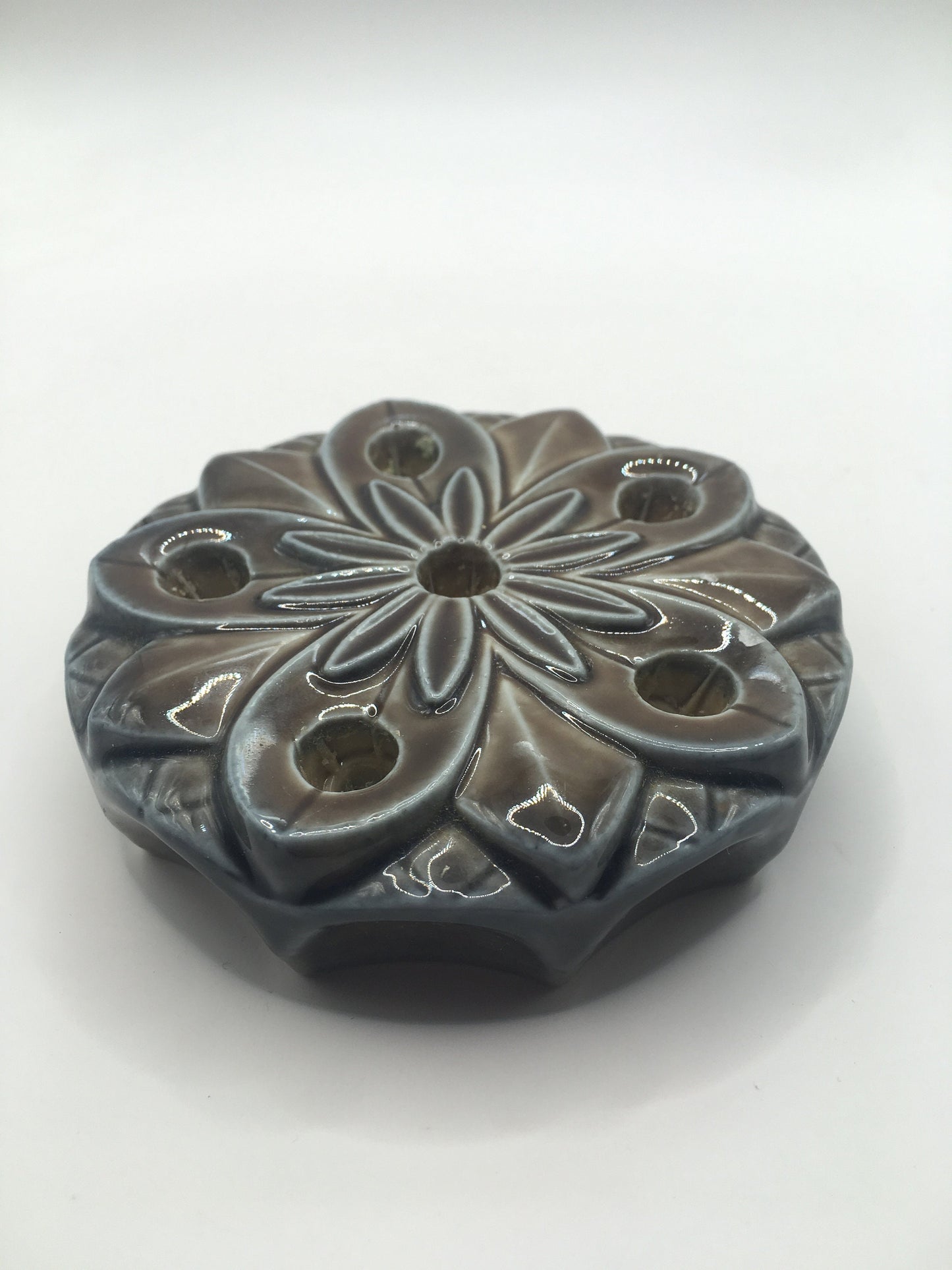 Beautiful Wade ceramic flower frog. Waterlily design. Green blue glaze.