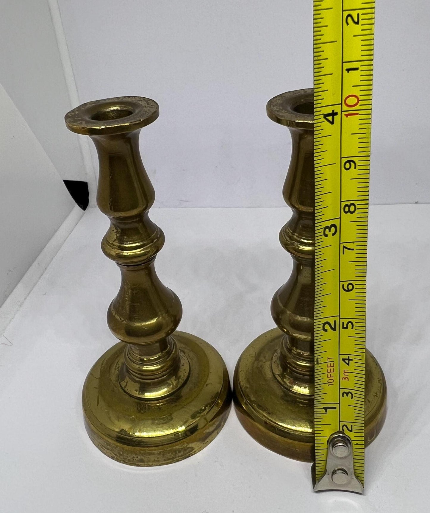 Vintage small brass pillar taper candle candlesticks. Miniature brass candle holders. Brass lovers gift.