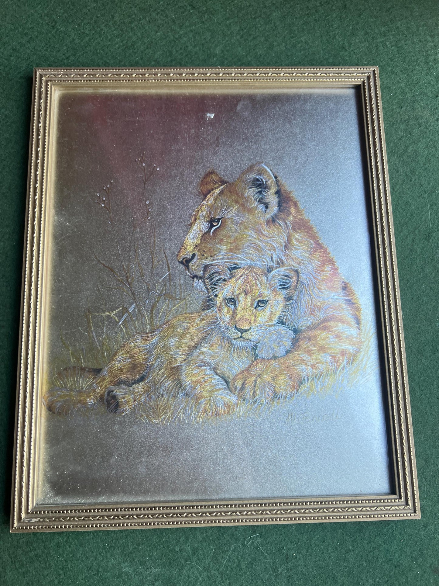 Lion and cub foil art framed picture. Signed M Fenelle