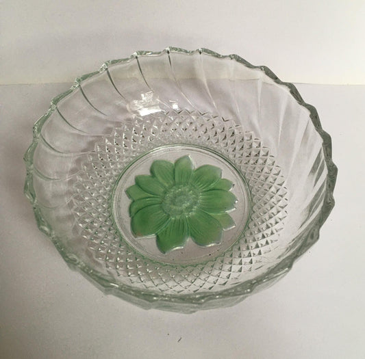 Vintage pressed glass trinket ring dish with green flower detail.