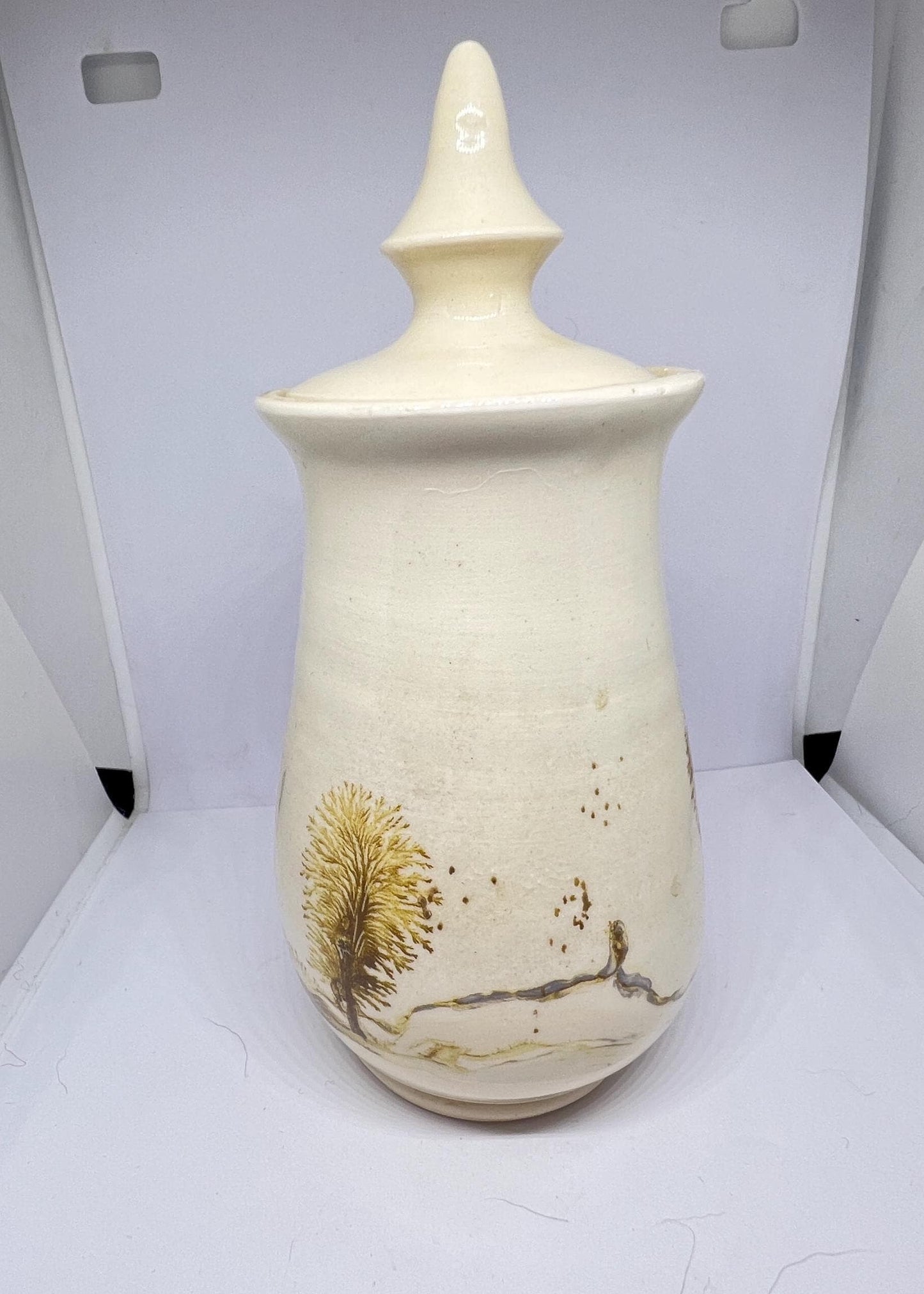 Mocha ware lidded pot Cream glaze with tree design detail in the style of Vanessa Waller.