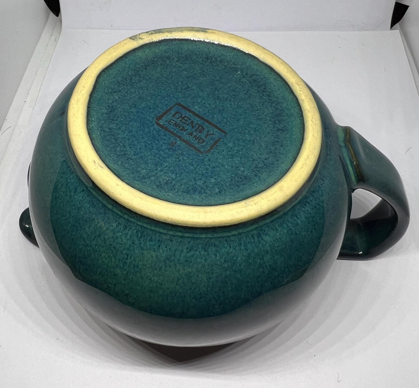 Vintage Denby Metz Milk Jug creamer. Green glazed outer with blue glaze inside.