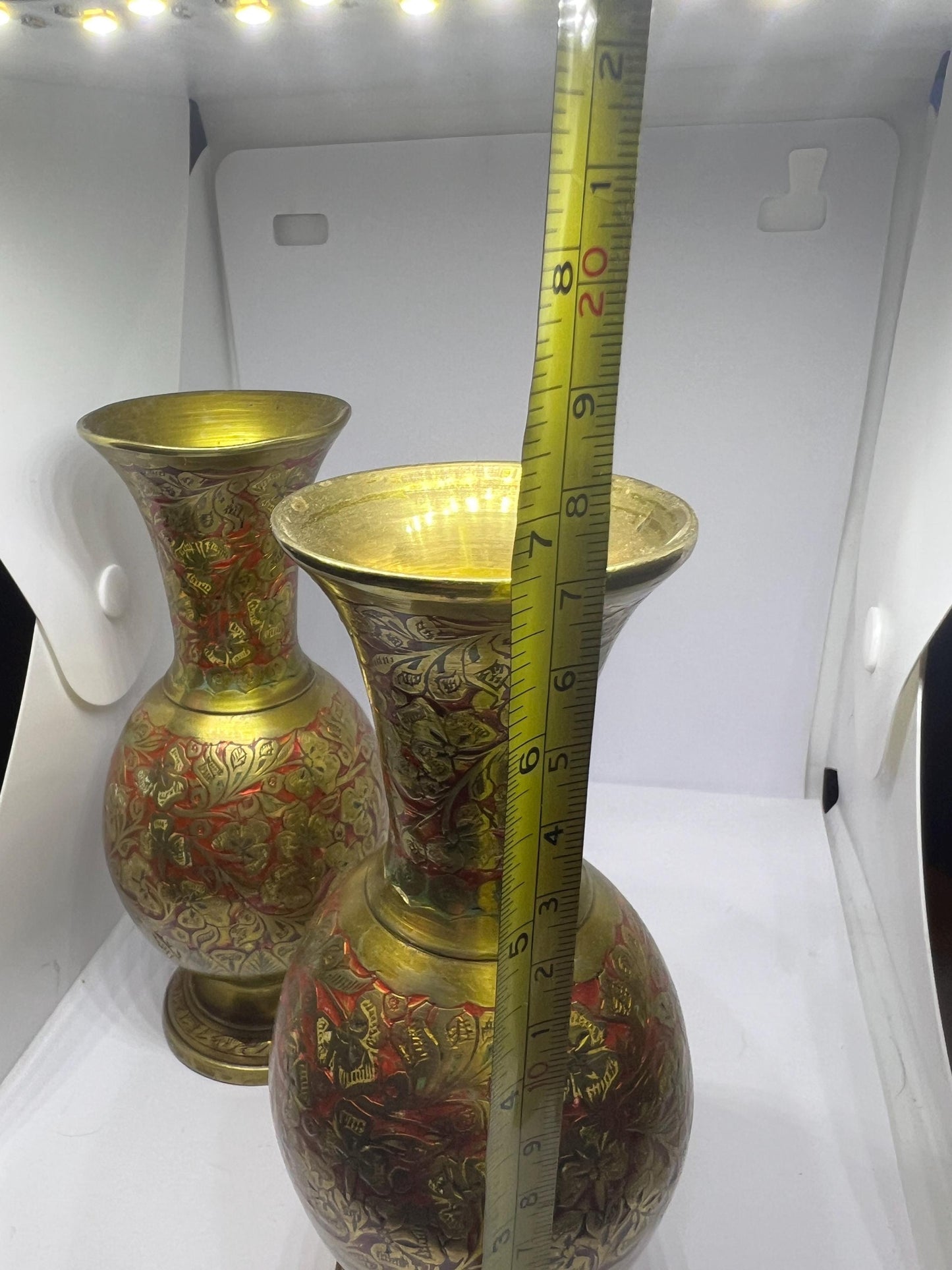 Vintage brass enamel ornamental vases. 2 available.
