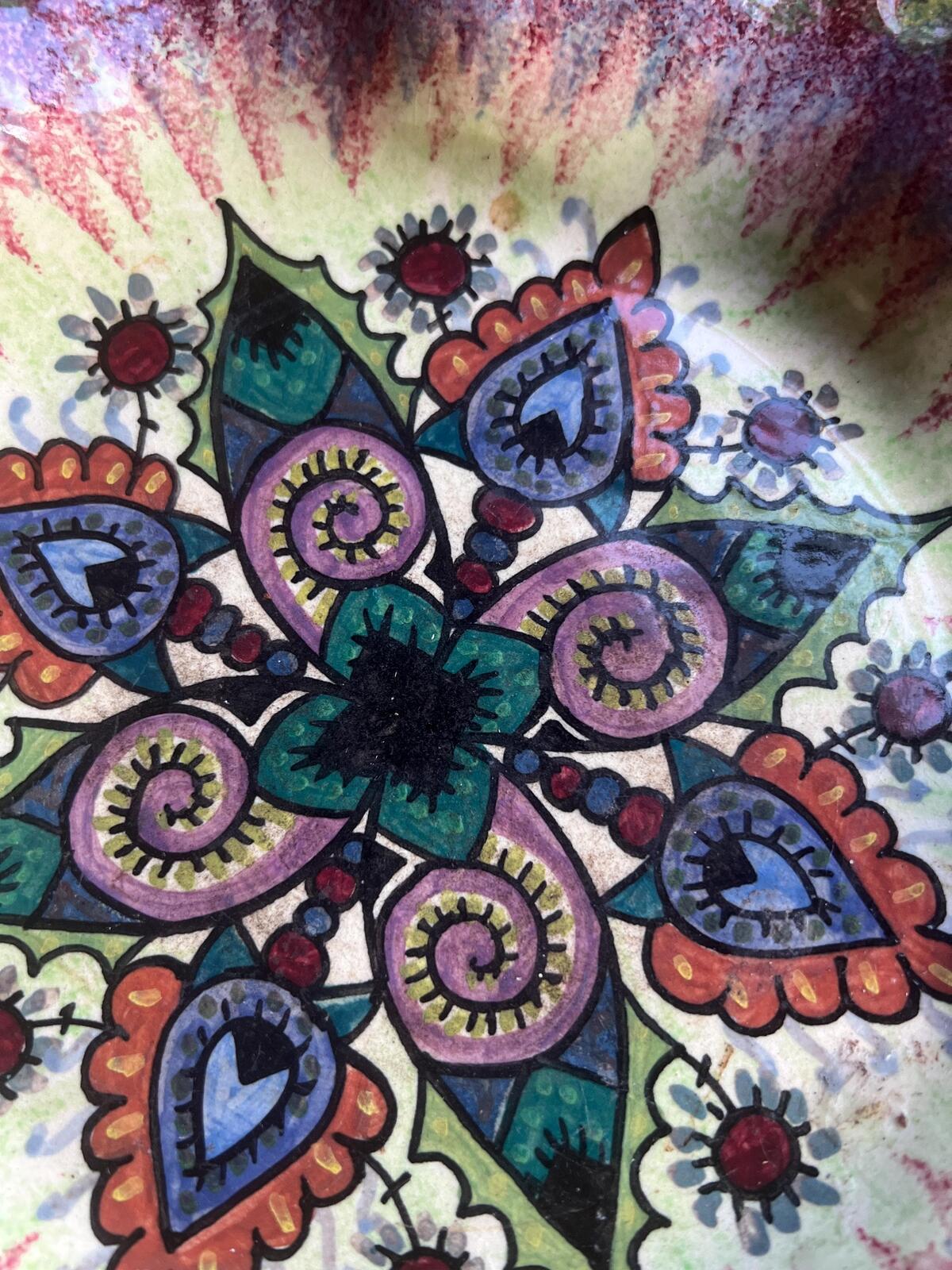 Decorative faience plate. Signed Paul Fouillen Quimper France. Hand-painted floral mandala motif scalloped rim. Gallery wall decor.