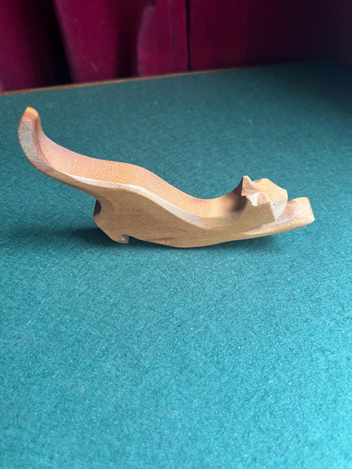 Hand carved wooden cat figurine Stretching Cat ornament.