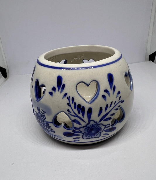Vintage ceramic votive holder. Signed TS Holland Hand Painted Delft Blue.