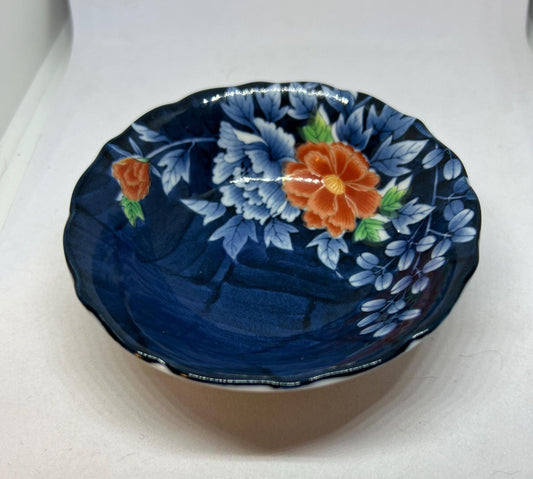 Blue floral ring disk Hand painted orange flower dish