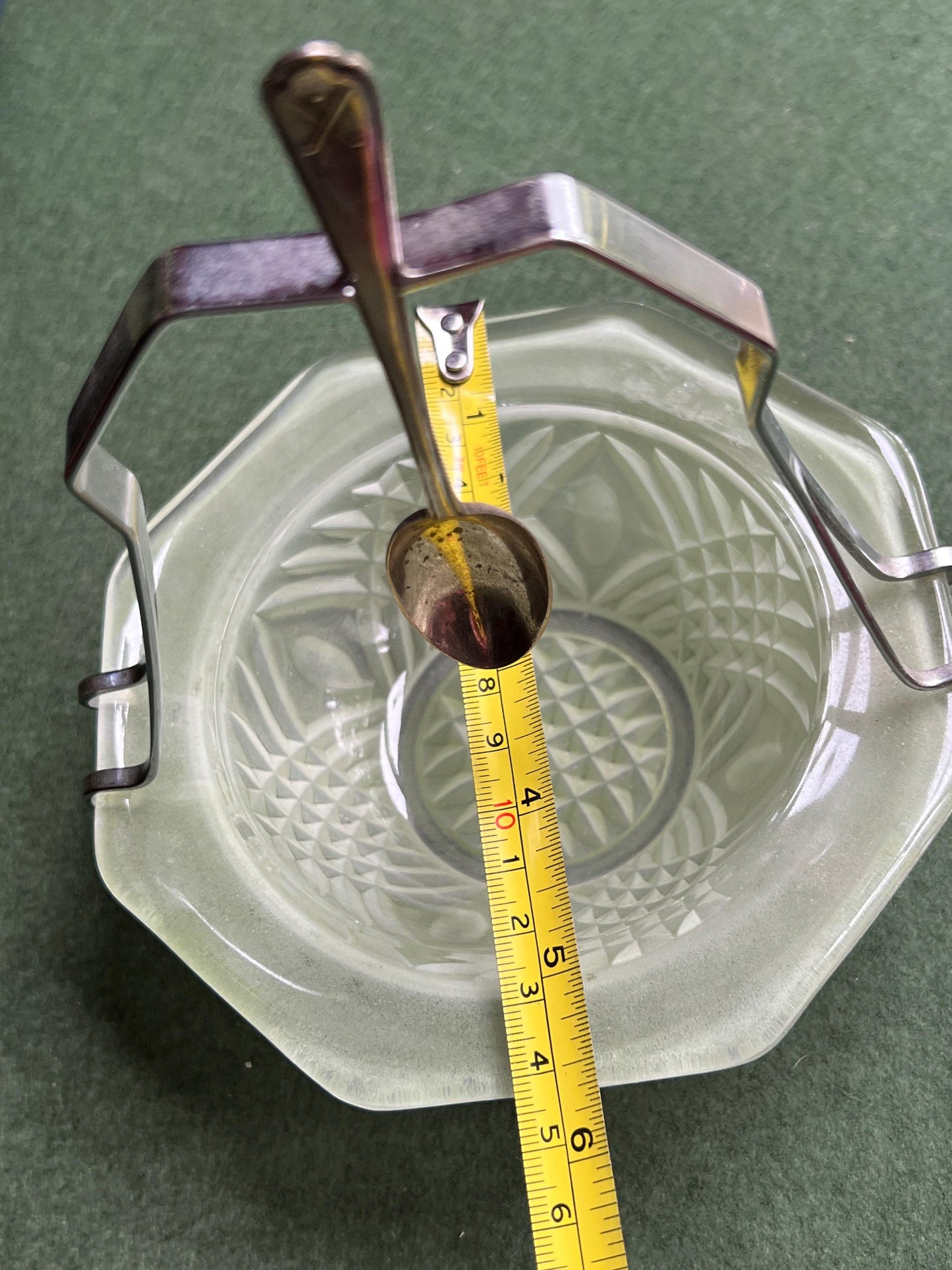 Vintage green pressed glass jam sugar bowl with metal handle spoon hanger. Stamped W+H.