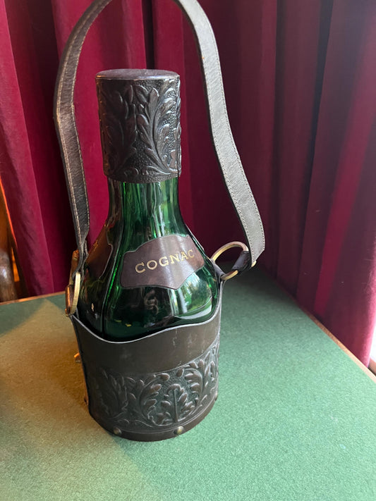 Vintage Italian Glass Decanter 3 triangular Bottles In Leather Holder with Handle.