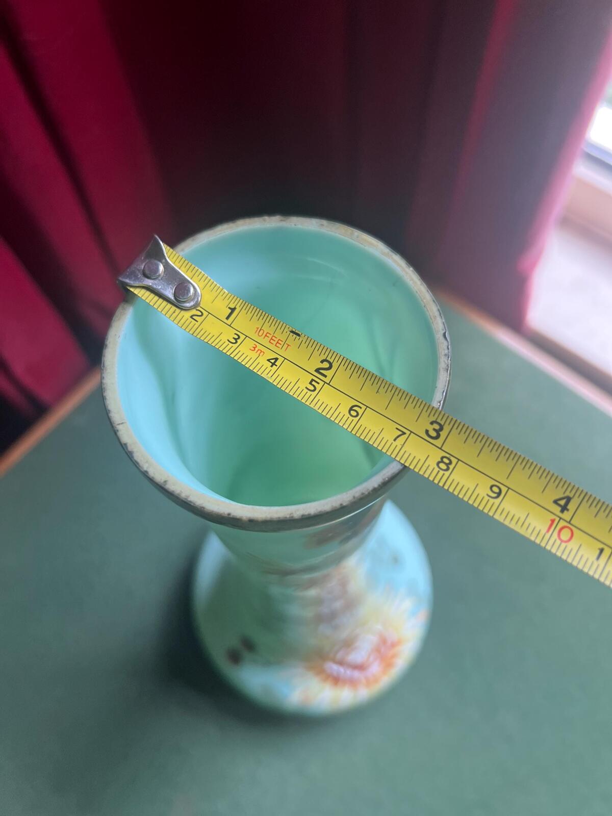 Antique uranium glass hand painted enamel floral vase. Harrach Bohemian glass tall decorative vase.
