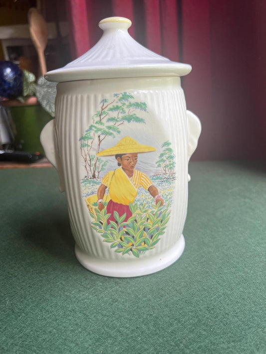 Vintage Sylvac canister Tea picker tea caddy. Ceramic elephant handled white lidded jar with teapicker motif. Retro kitchen decor.