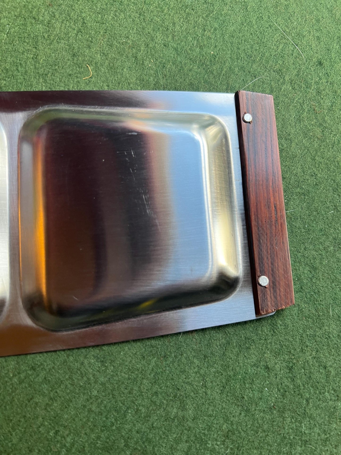MCM 1960s Stainless steel and wooden serving tray. Original box 3 part Hong Kong Stainless Steel sticker.