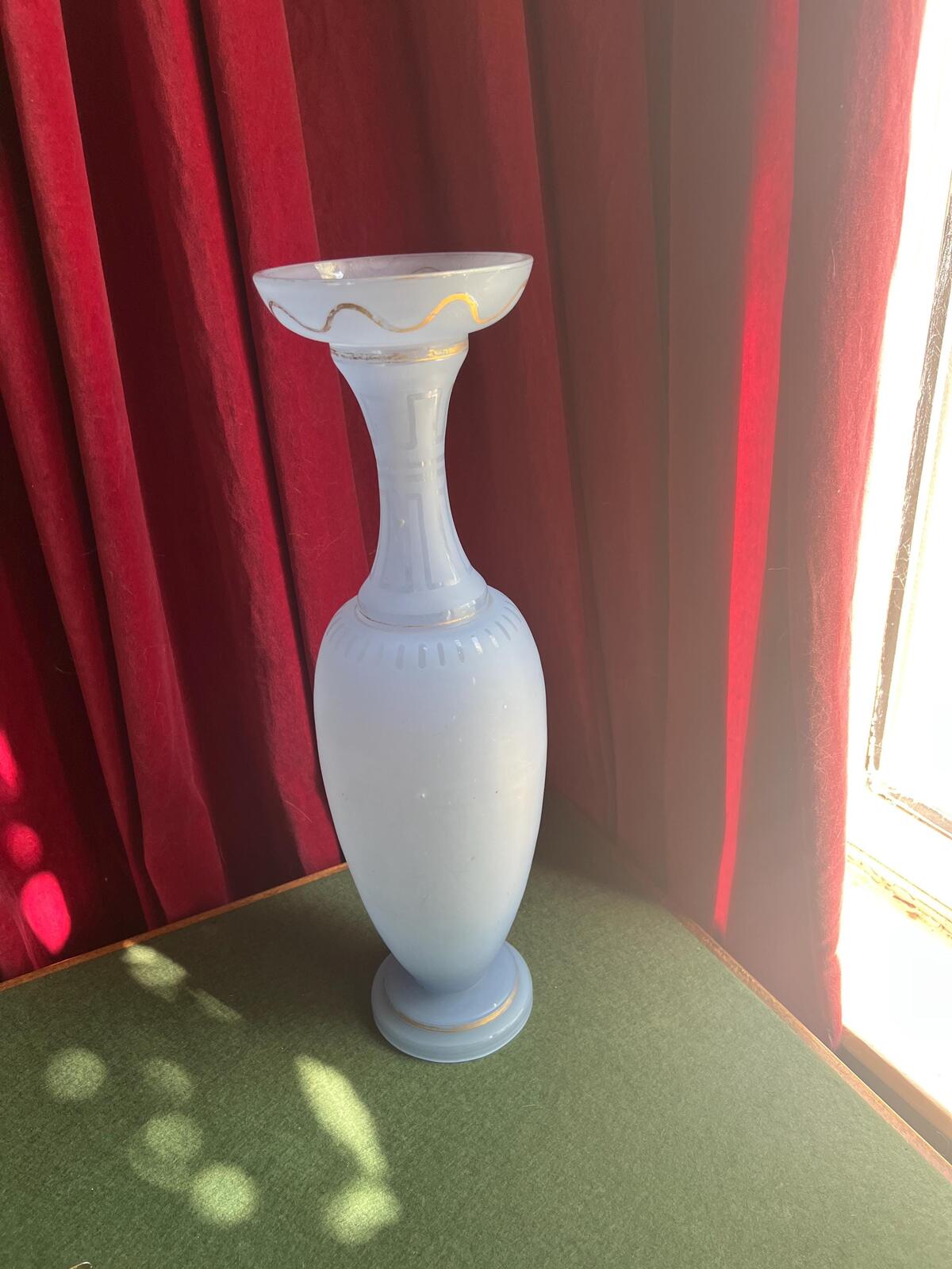 Rare Antique satin glass vase. Blue opaque glass tall vase with gold detail. Victoriana collector gift.