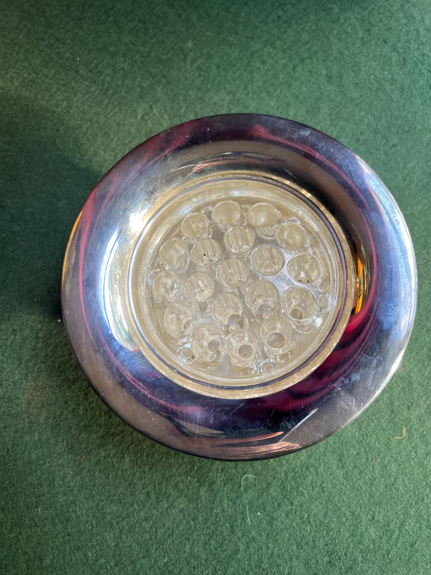 Vintage posy rose bowl. Silver plate round bowl with clear class flower frog.