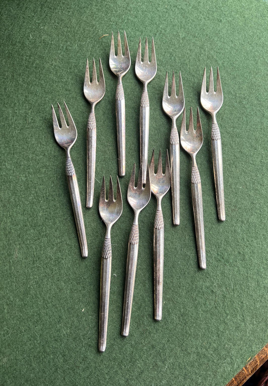 Set of 10 Dessert pickle forks. Stamped Frigast Denmark.