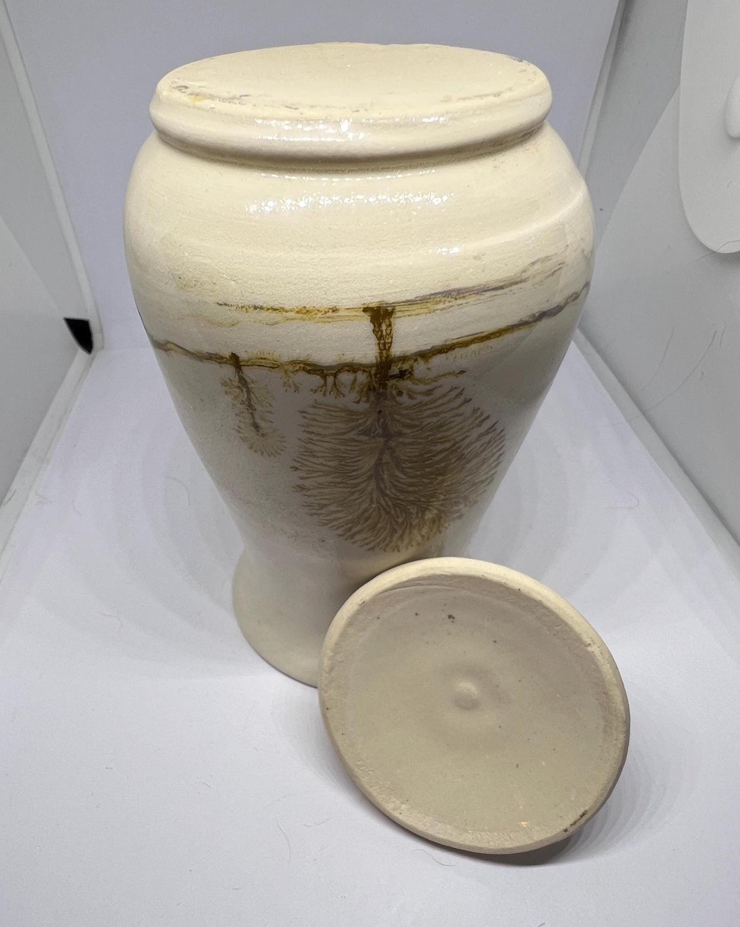 Mocha ware lidded pot Cream glaze with tree design detail in the style of Vanessa Waller.