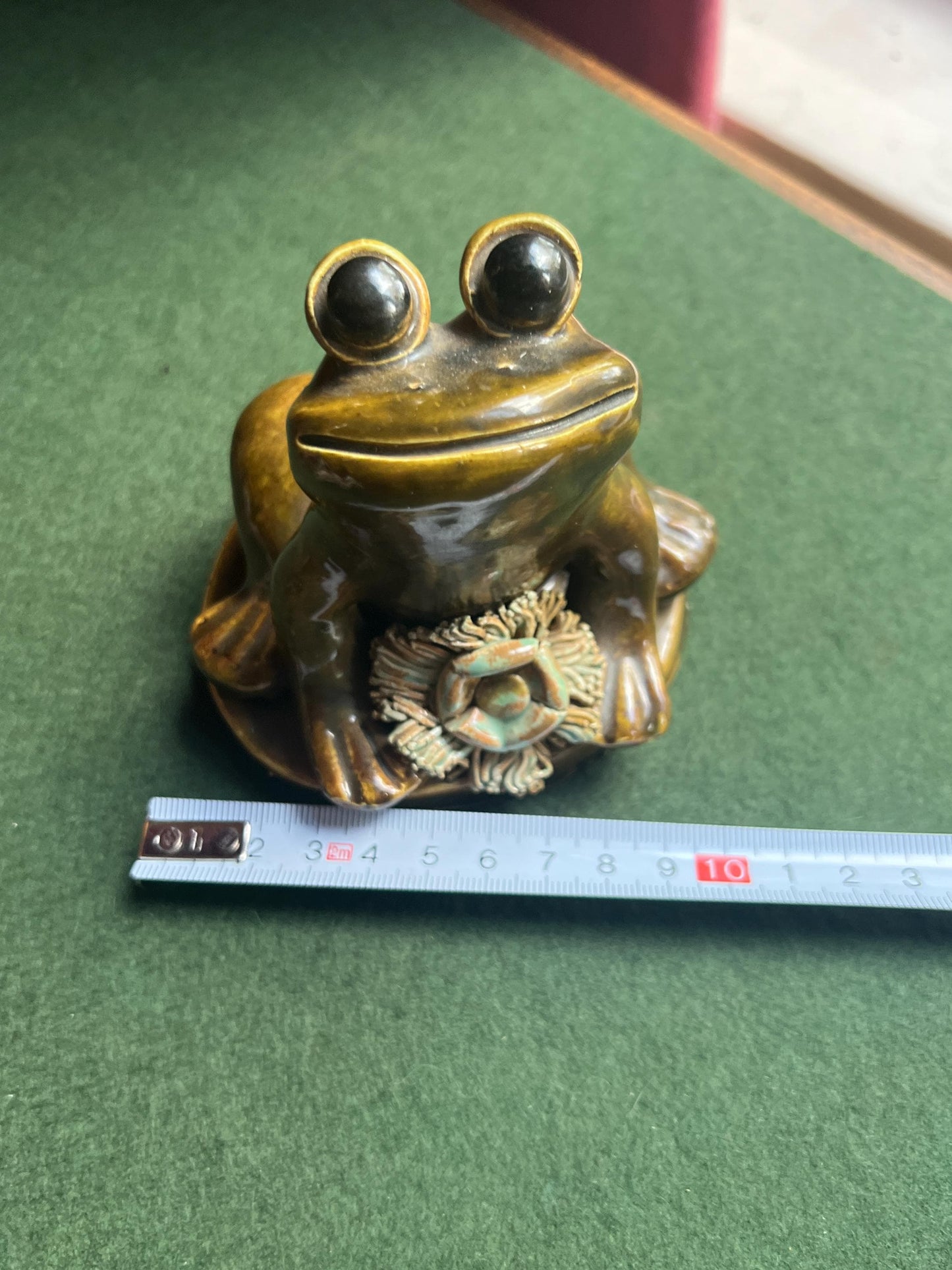 Studio pottery frog figurine.  Signed by artist YD DG. Yare Designs Norfolk.