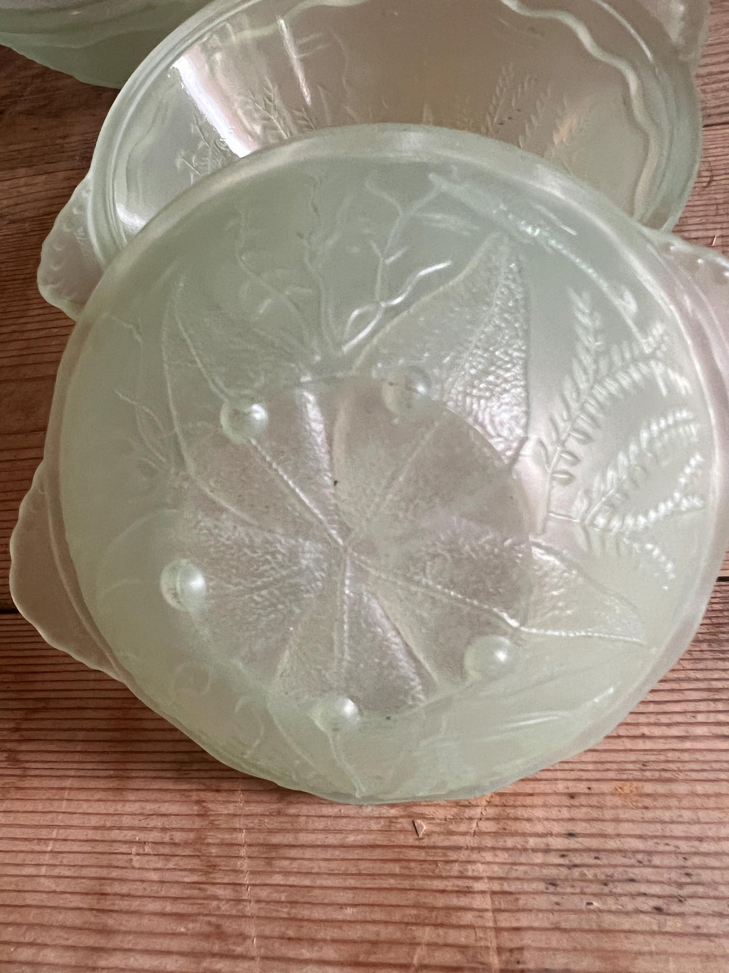 Set of Vintage Green Glass Fruit Bowls. 5 X Walther and Sohne Germany Fish & Seaweed pattern.t