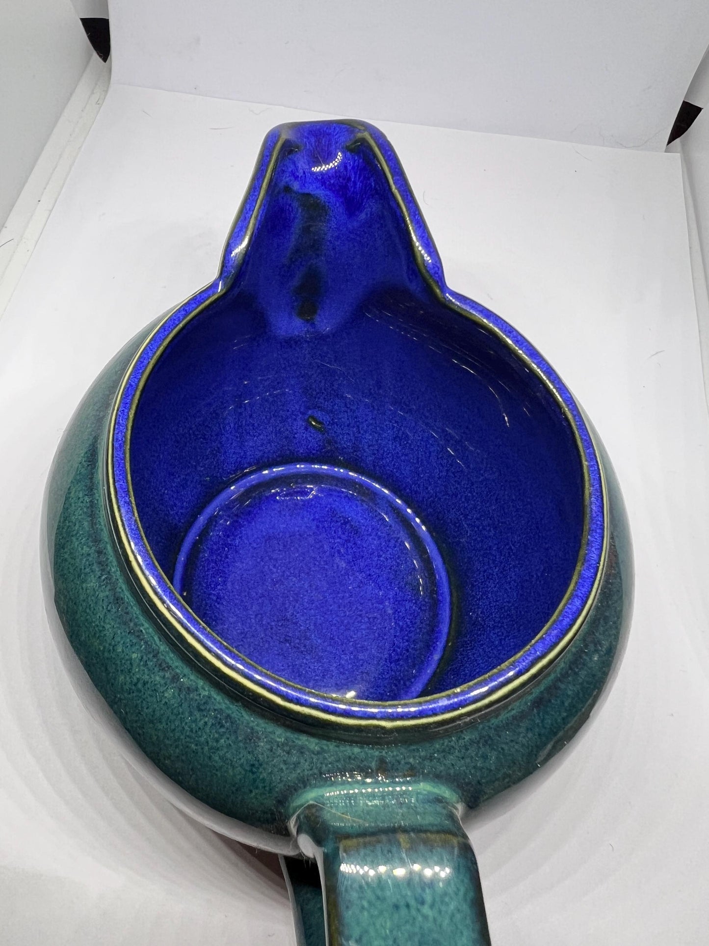 Vintage Denby Metz Milk Jug creamer. Green glazed outer with blue glaze inside.
