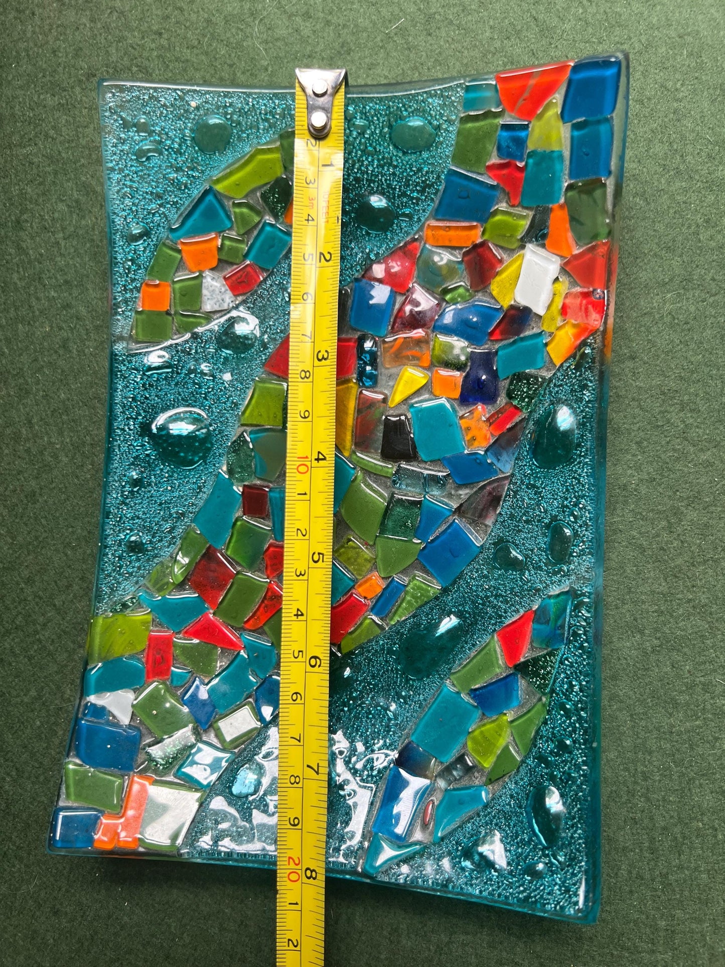 Fused glass trinket serving bowl. Colourful confetti glass on blue base.