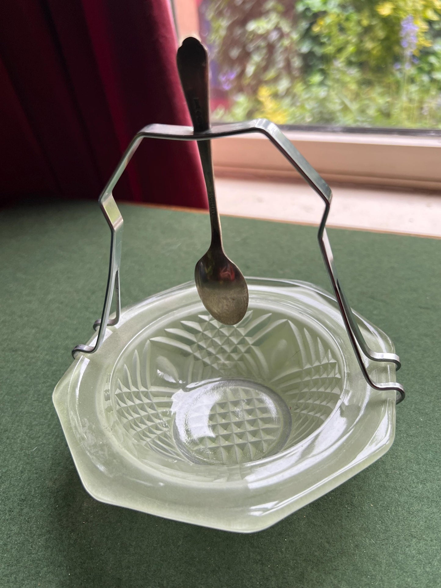 Vintage green pressed glass jam sugar bowl with metal handle spoon hanger. Stamped W+H.