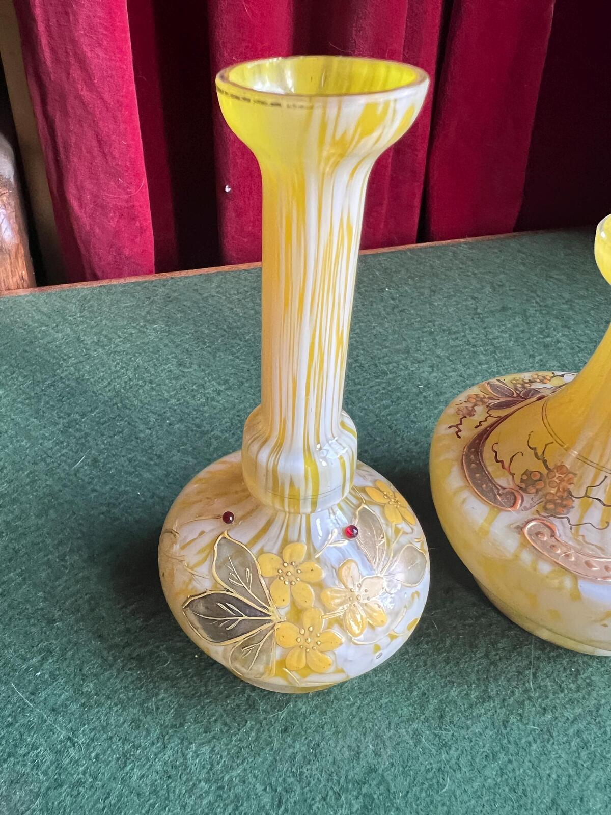 Pair of Welz Bohemian Lemon Yellow & White Spatter Glass Vases. Hand painted gold enamel details. Antique glass collector gift.