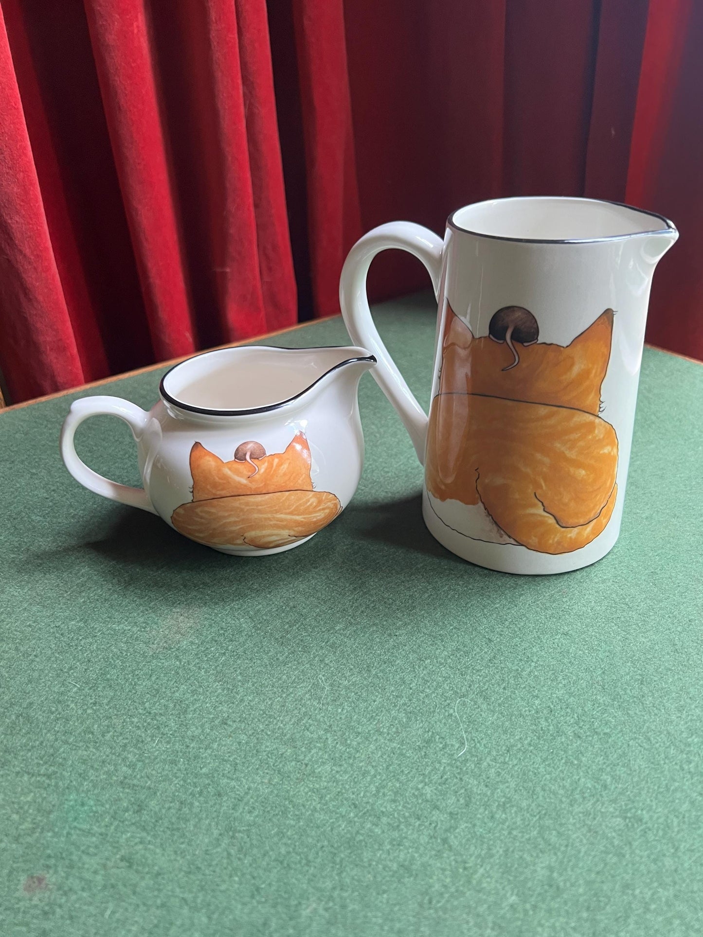 Vintage Arthur Wood milk jug and water jug, Cat and mouse design. Back to front ginger tabby cat with brown mouse. Sold Separately.