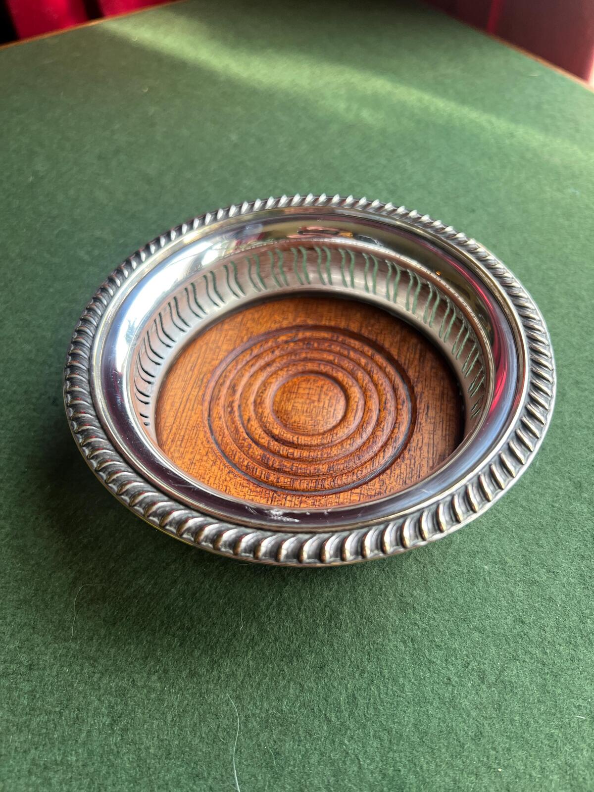 Antique vintage wine coaster. Silver plate and mahogany wood Barker Ellis style bottle coaster.