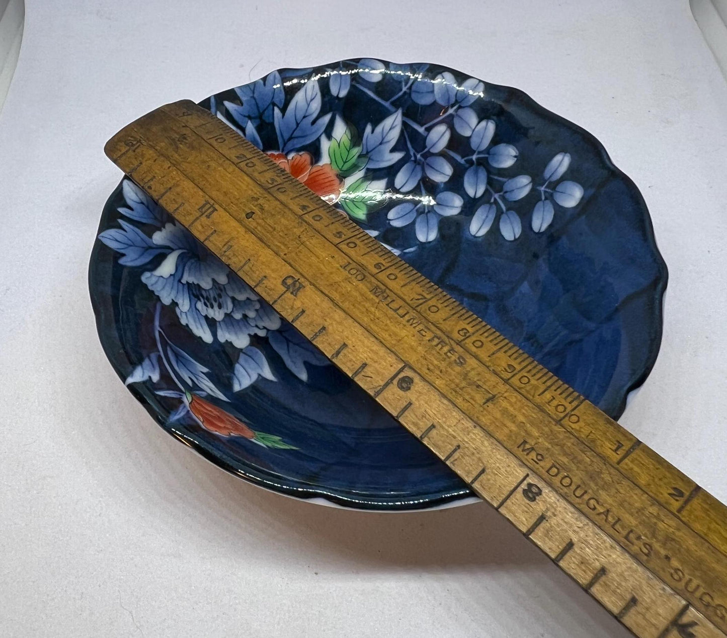 Blue floral ring disk Hand painted orange flower dish