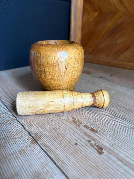Vintage wooden mortar and pestle Hand turned wooden garlic crusher.