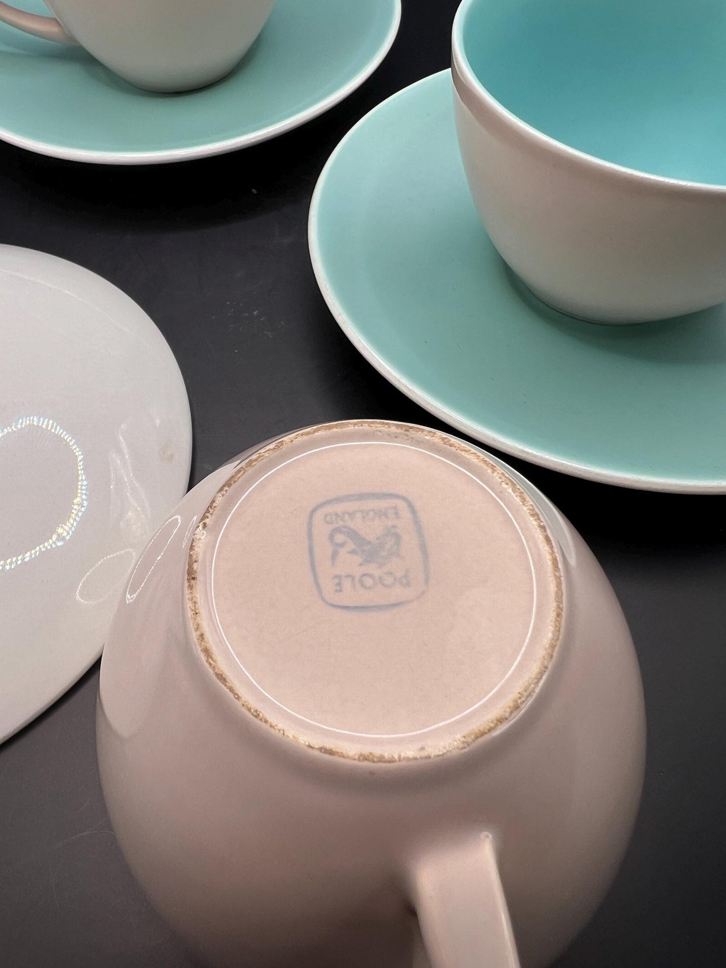 Poole pottery Ice green mushroom twintone ceramic cups matching saucers. 3 available.