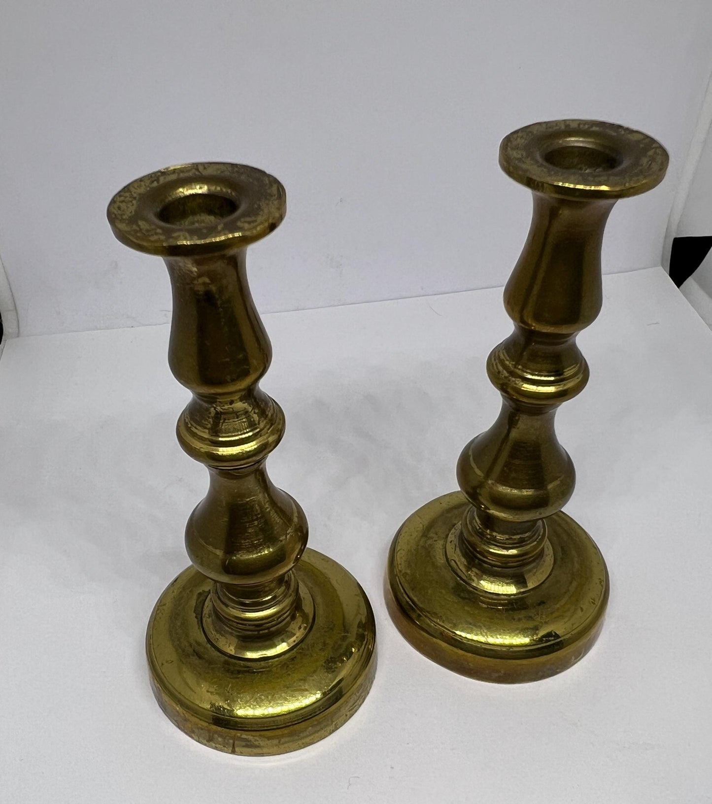 Vintage small brass pillar taper candle candlesticks. Miniature brass candle holders. Brass lovers gift.
