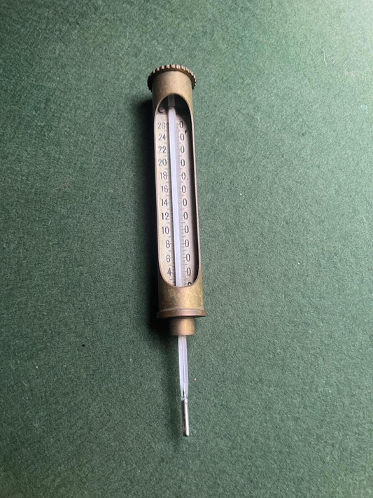 Vintage industrial brass thermometer gauge. Boiler engine temperature measurer. Scientific instrument collector gift.