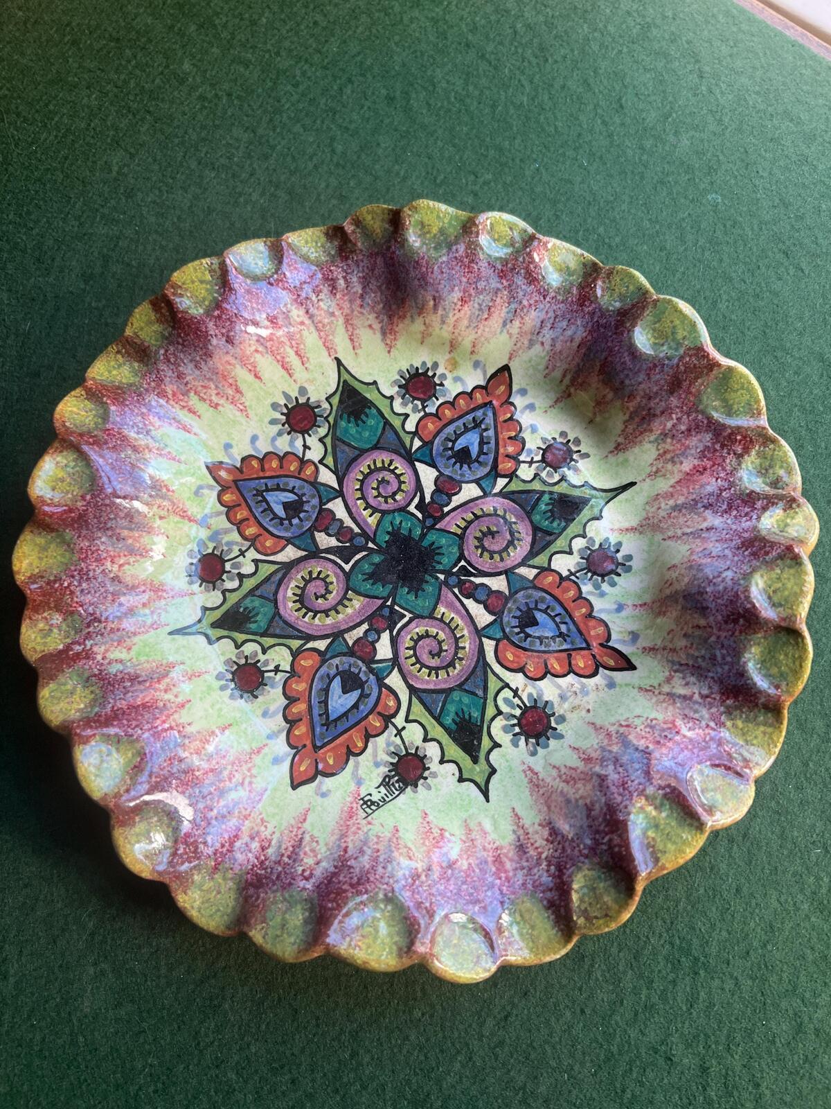 Decorative faience plate. Signed Paul Fouillen Quimper France. Hand-painted floral mandala motif scalloped rim. Gallery wall decor.