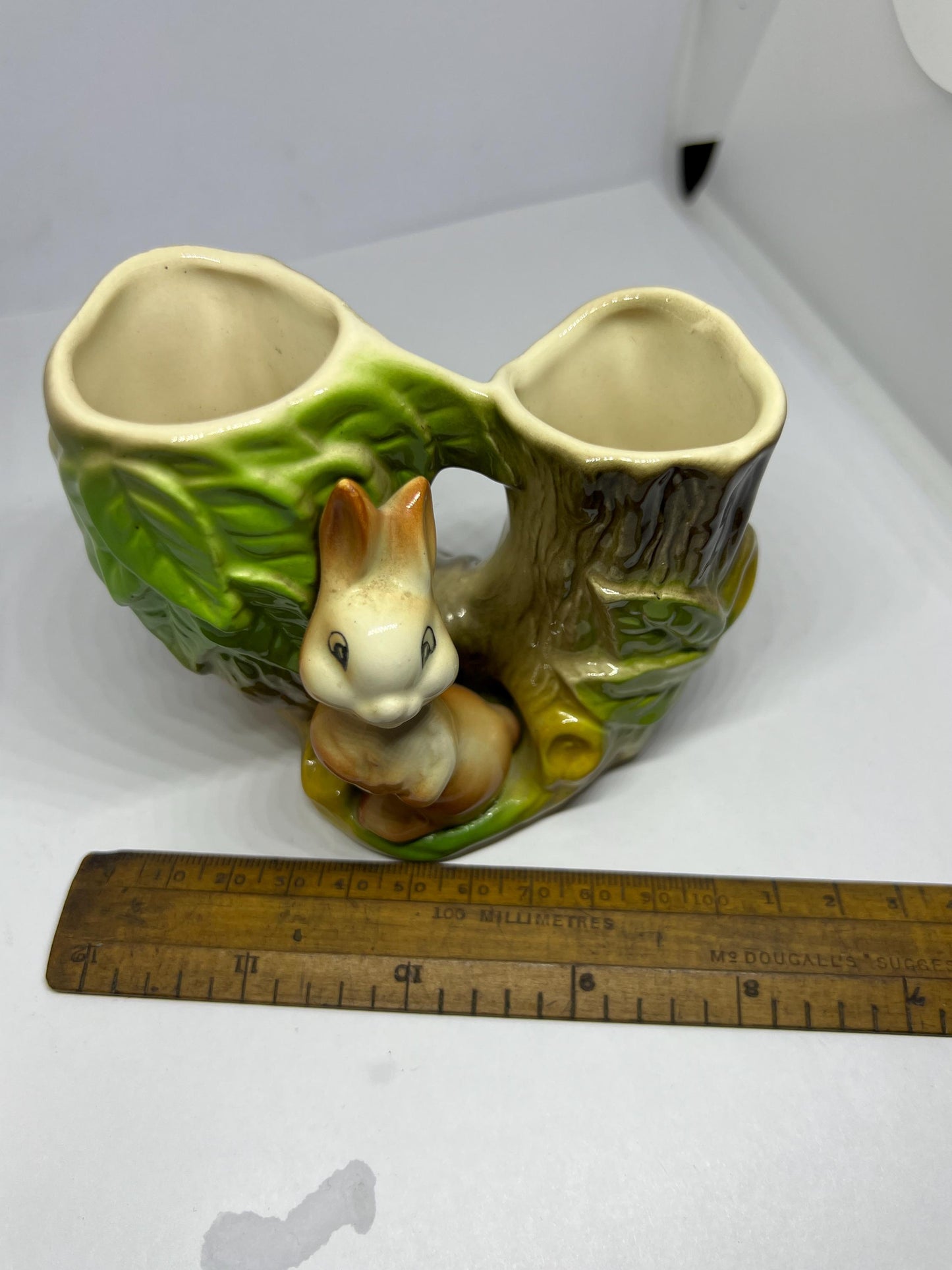 Bunny posy vase with tree stump. Stamped Pottery Fauna Withernsea Pottery England.