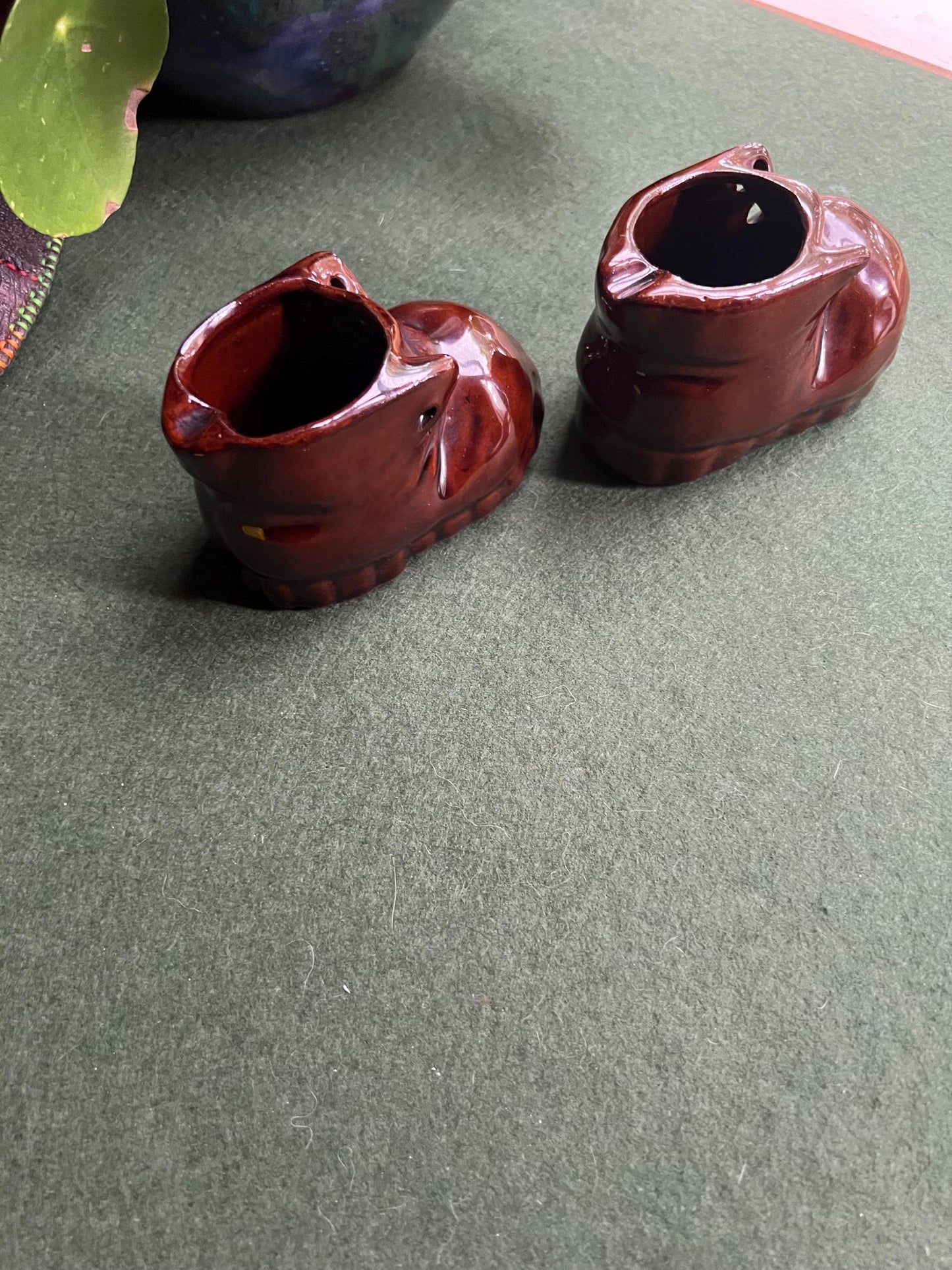 Vintage ashtray boots. Deep brown glaze.