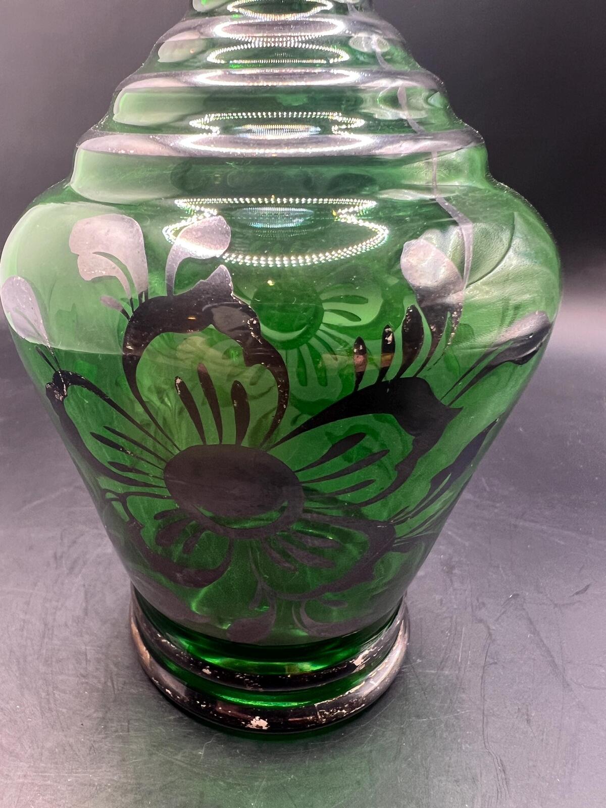 Antique Art Nouveau Emerald Green Glass Decanter with floral silver overlay and original stopper.