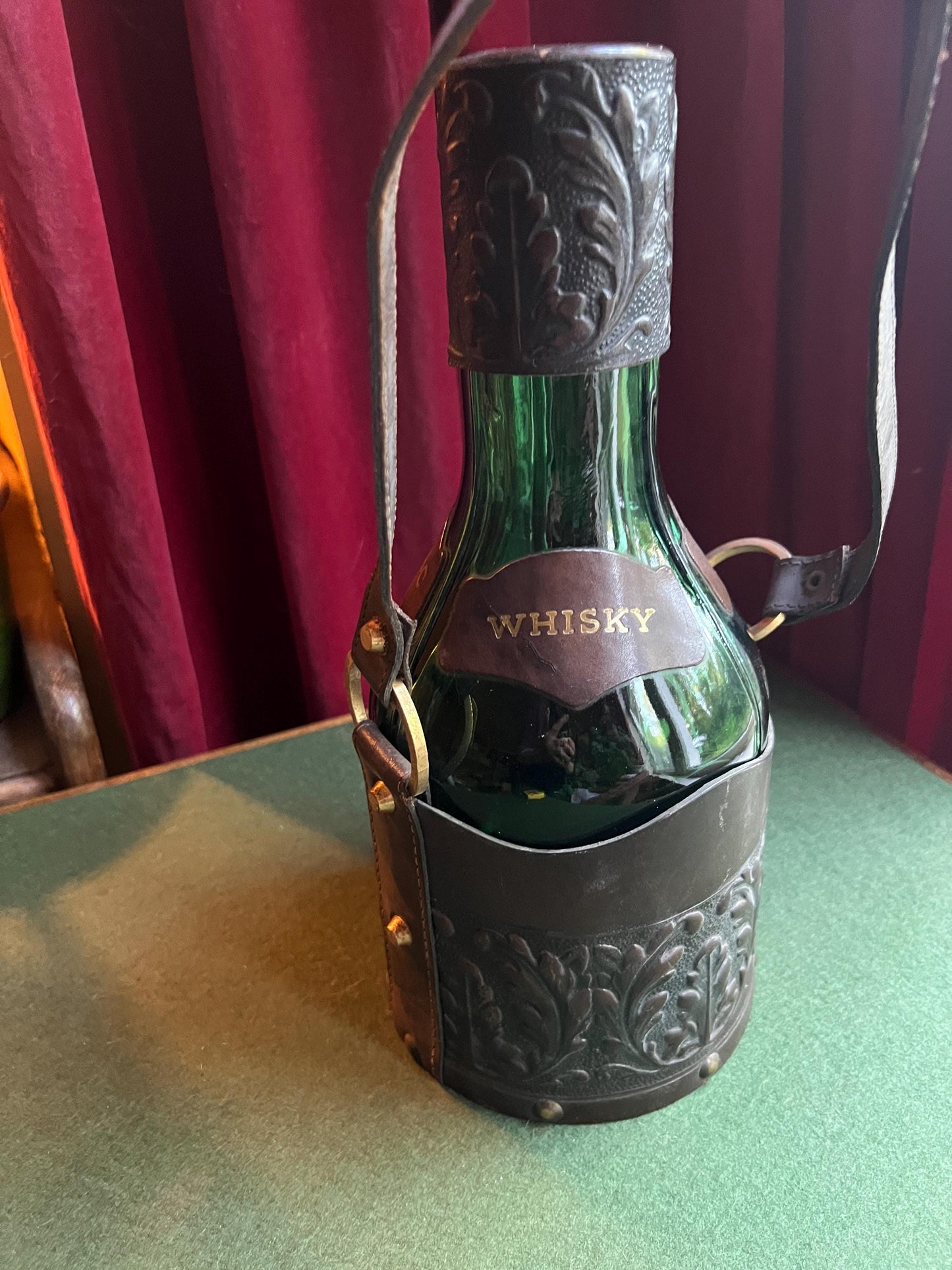 Vintage Italian Glass Decanter 3 triangular Bottles In Leather Holder with Handle.
