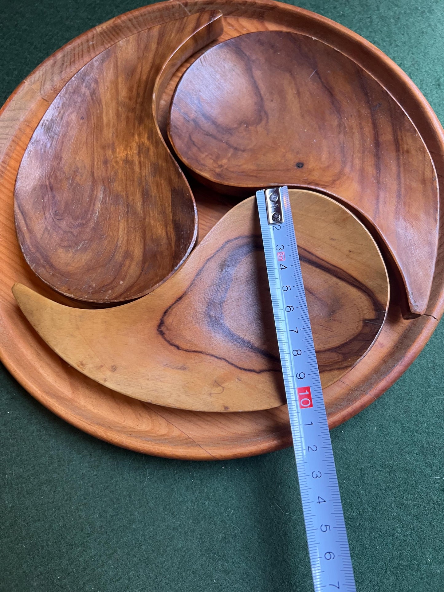 MCM wooden serving tray with 3 Yin Yang bowls. Monkey pod wooden trinket trays. Festive serving ware.