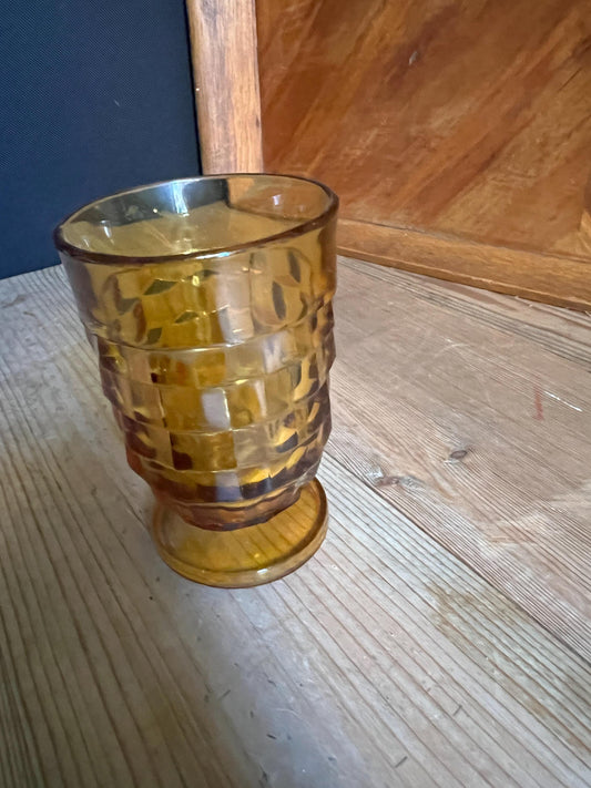 Vintage footed tumbler. Indiana Whitehall Amber glass cubist design drink ware.