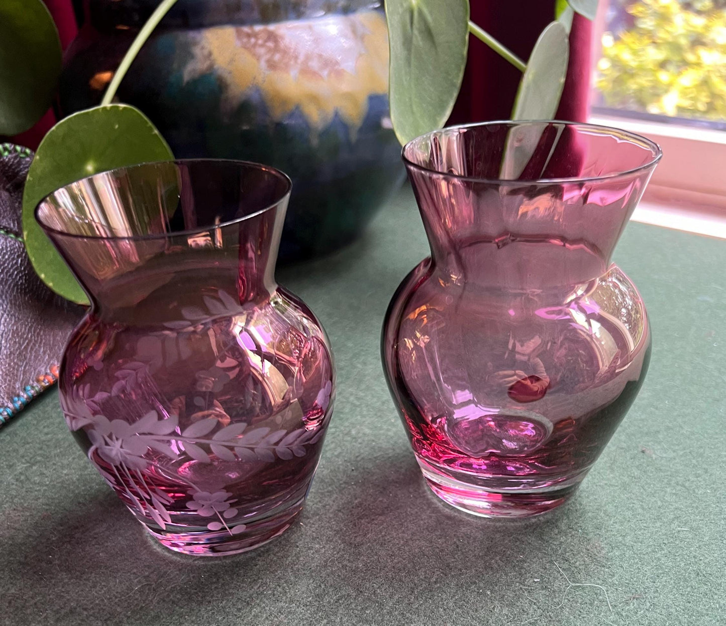 Cranberry glass posy vase. Bohemian crystal pink glass vase. Etched pink bud vase. Pink posy vase. Original sticker. Bohemian Glass crystal.