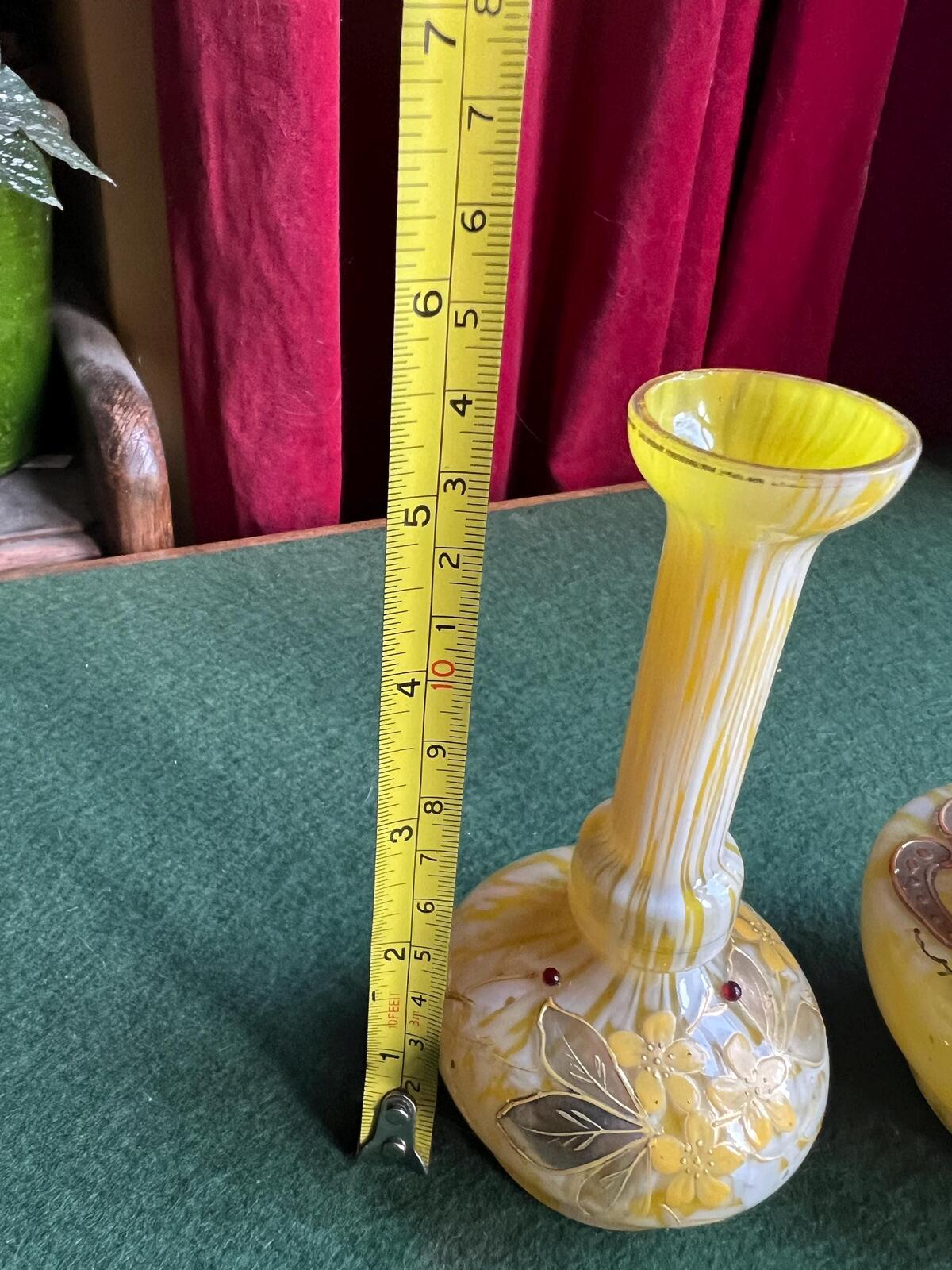 Pair of Welz Bohemian Lemon Yellow & White Spatter Glass Vases. Hand painted gold enamel details. Antique glass collector gift.