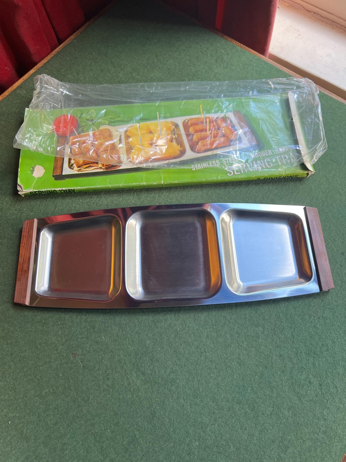 MCM 1960s Stainless steel and wooden serving tray. Original box 3 part Hong Kong Stainless Steel sticker.