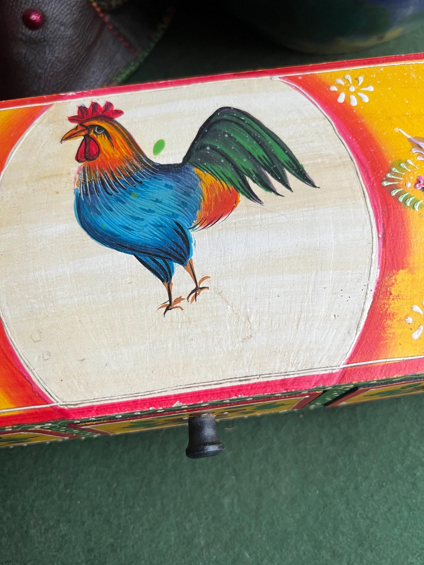 Retro kitchen hand painted rooster design spice drawers.