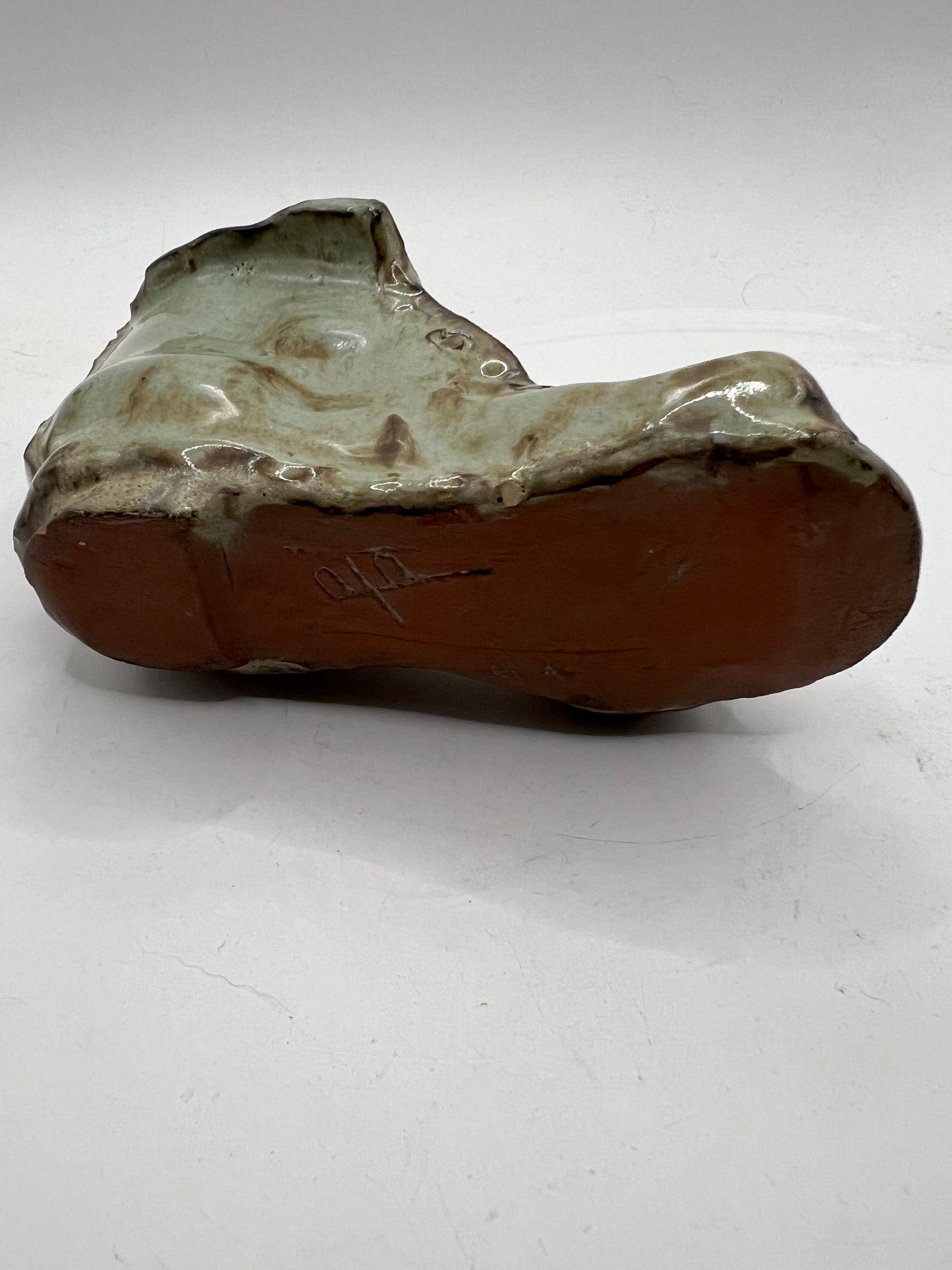 Quirky Studio pottery old boot planter. Signed. Grey green brown glaze.