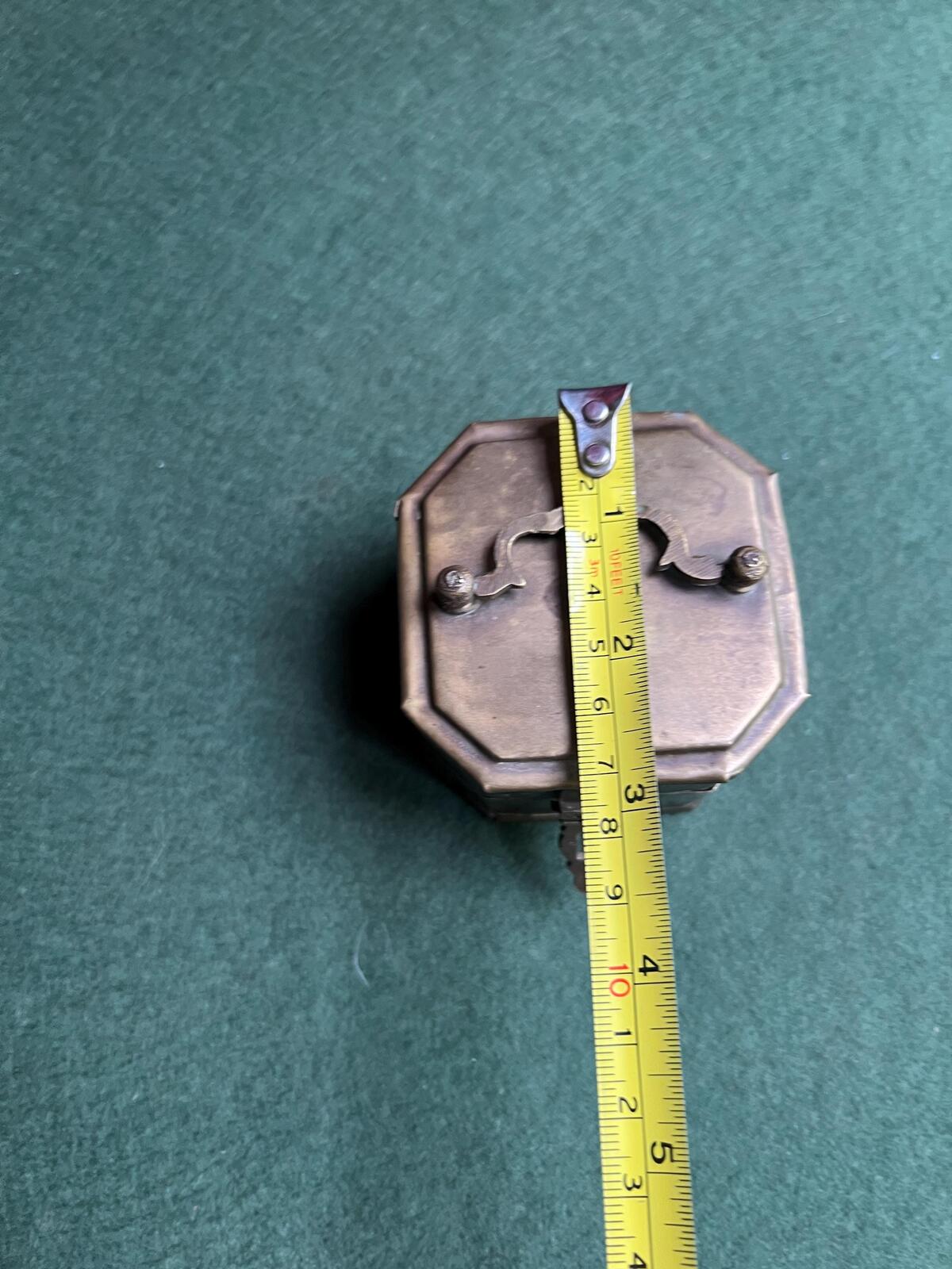 Antique Vintage brass octagonal lidded box. Great patina. Hinged trinket stash box with handle and clasp.