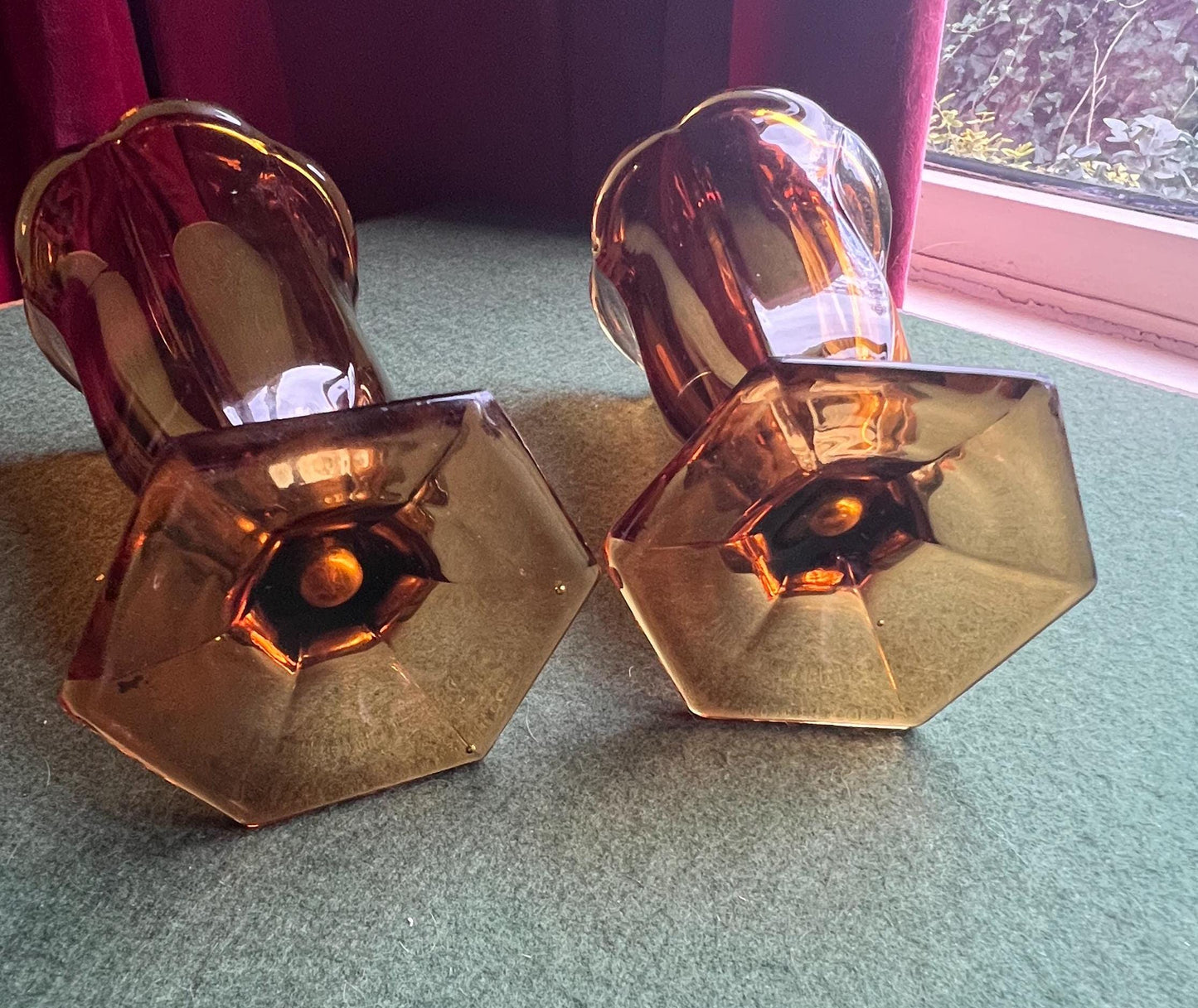 Art Deco Amber glass vase. Tall sundae dishes.