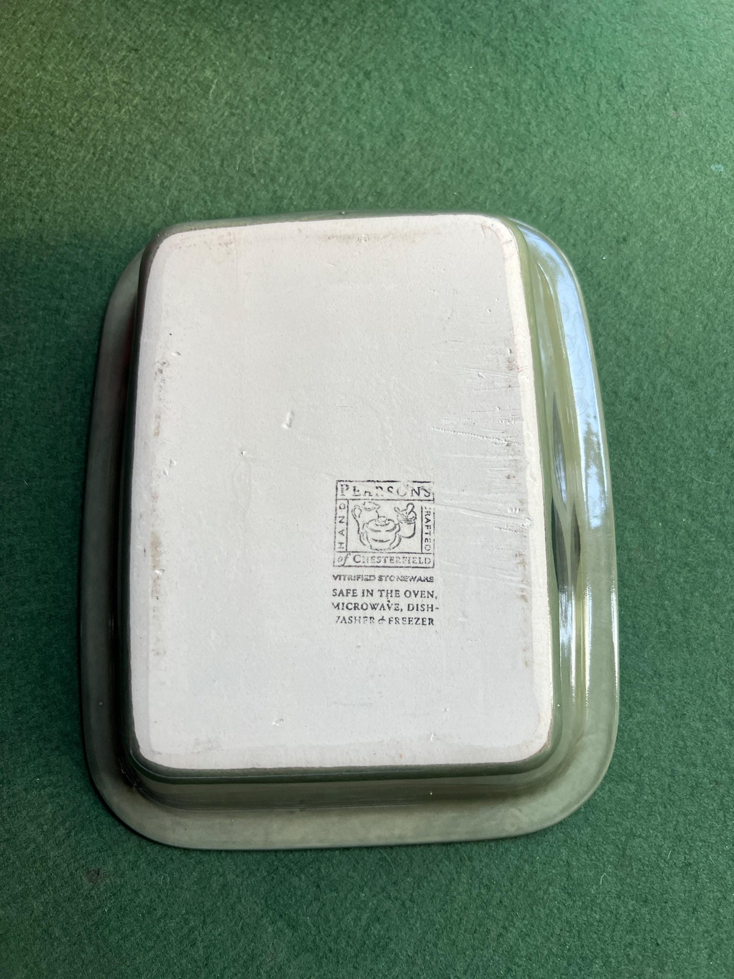 Vintage ceramic green glazed casserole baking dish. Stamped Hand crafted Pearsons of Chesterfield.