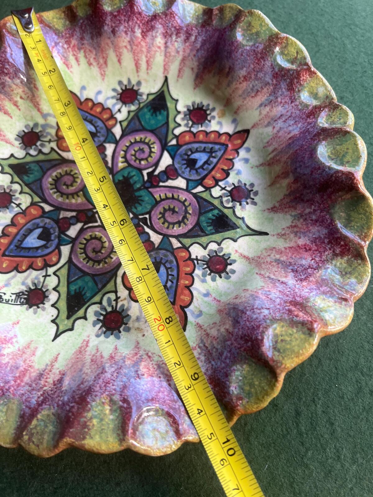 Decorative faience plate. Signed Paul Fouillen Quimper France. Hand-painted floral mandala motif scalloped rim. Gallery wall decor.